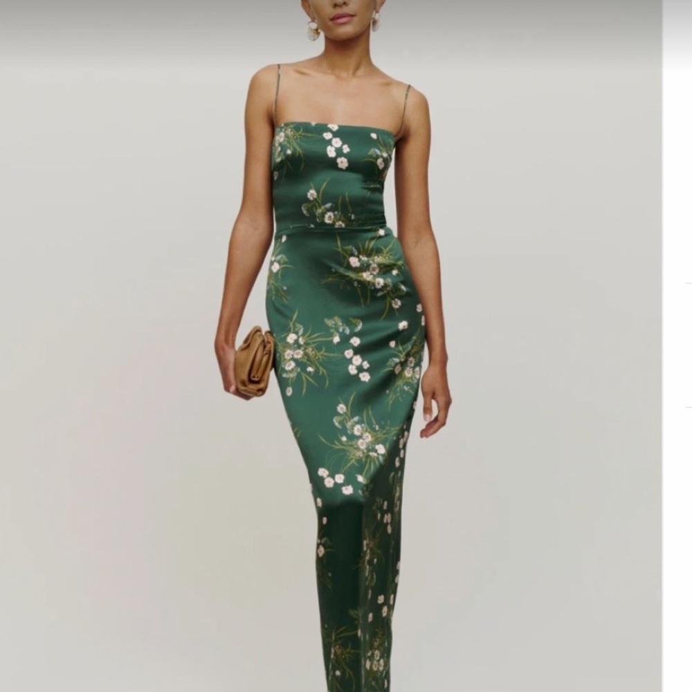 Reformation Frankie silk Dress. Beautiful emerald floral brand new with tags!